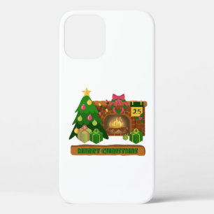 Merry Christmas near fireplace bonfire xmas tree iPhone 12 Case