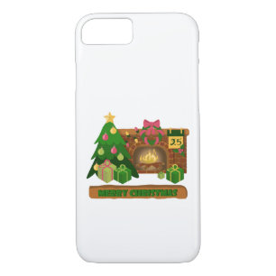 Merry Christmas near fireplace bonfire xmas tree iPhone 8/7 Case