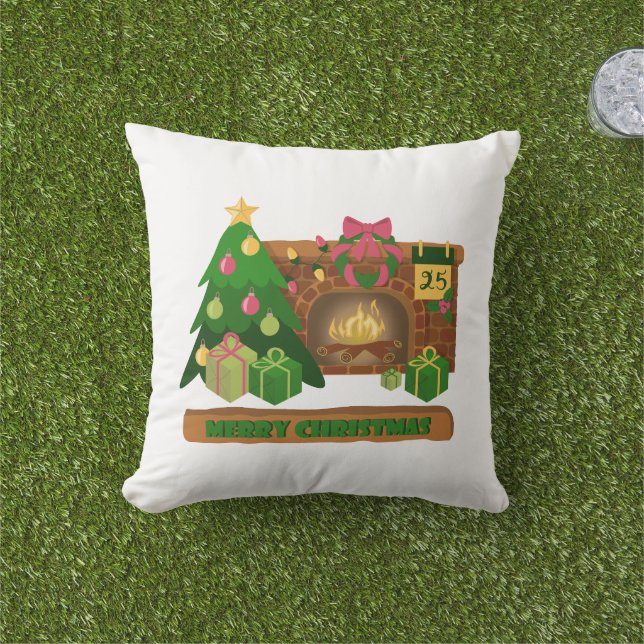 Merry Christmas near fireplace bonfire xmas tree Cushion (Grass)