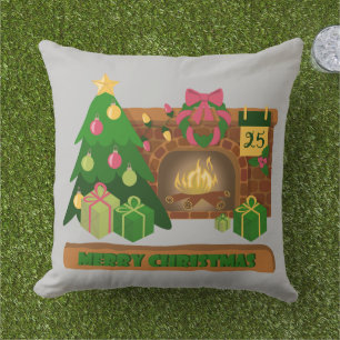Merry Christmas near fireplace bonfire xmas tree Cushion