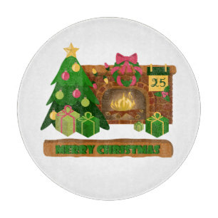 Merry Christmas near fireplace bonfire xmas tree Cutting Board