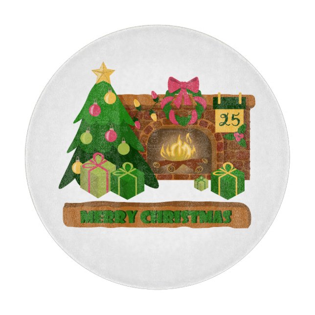 Merry Christmas near fireplace bonfire xmas tree Cutting Board (Front)
