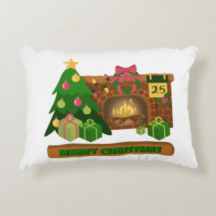 Merry Christmas near fireplace bonfire xmas tree Decorative Cushion