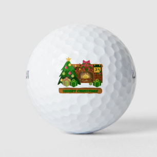 Merry Christmas near fireplace bonfire xmas tree Golf Balls