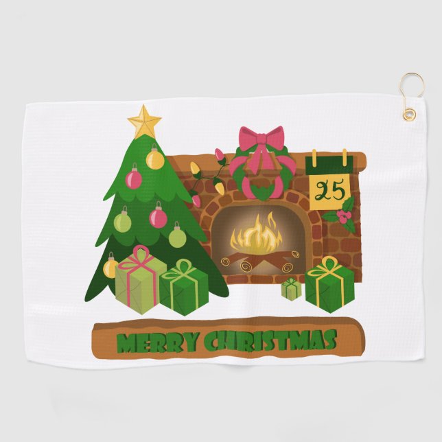 Merry Christmas near fireplace bonfire xmas tree Golf Towel (Horizontal)