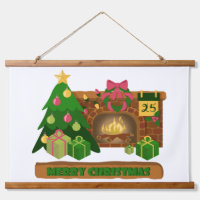 Merry Christmas near fireplace bonfire xmas tree