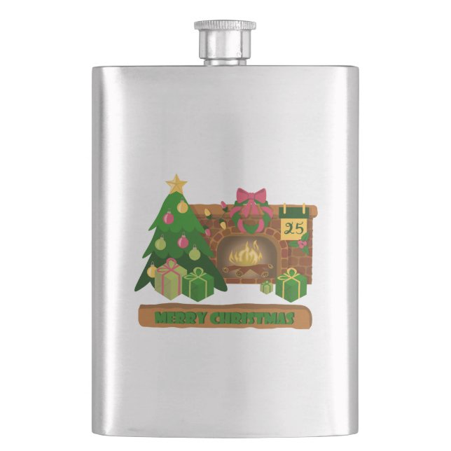 Merry Christmas near fireplace bonfire xmas tree Hip Flask (Front)