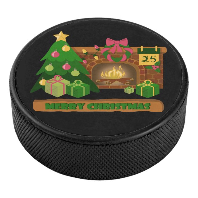 Merry Christmas near fireplace bonfire xmas tree Hockey Puck (3/4)