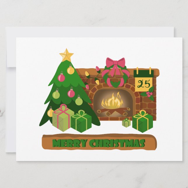 Merry Christmas near fireplace bonfire xmas tree Holiday Card (Front)