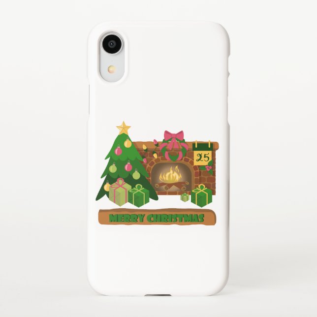 Merry Christmas near fireplace bonfire xmas tree iPhone Case (Back)