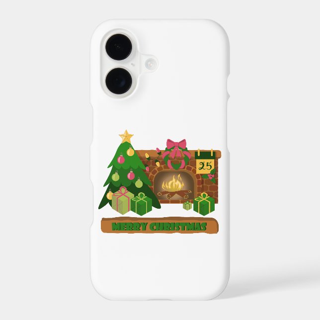Merry Christmas near fireplace bonfire xmas tree iPhone Case (Back)