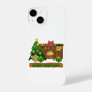 Merry Christmas near fireplace bonfire xmas tree iPhone 14 Case