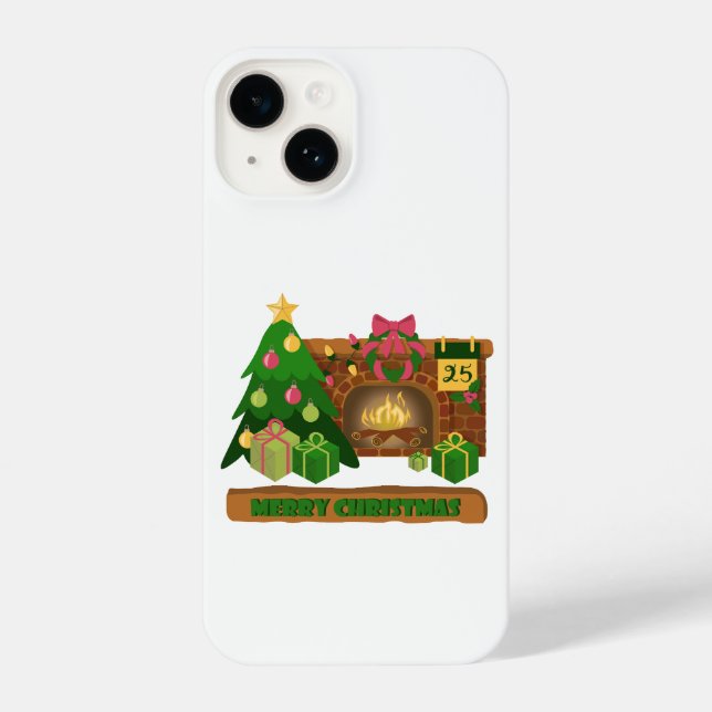 Merry Christmas near fireplace bonfire xmas tree iPhone Case (Back)