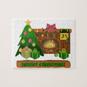 Merry Christmas near fireplace bonfire xmas tree Jigsaw Puzzle