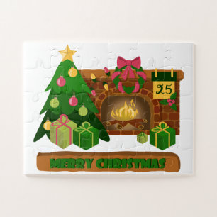 Merry Christmas near fireplace bonfire xmas tree Jigsaw Puzzle