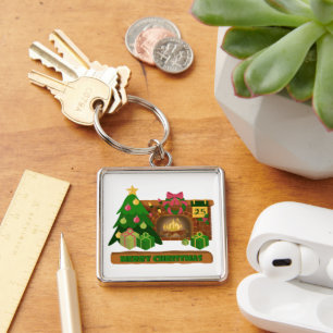 Merry Christmas near fireplace bonfire xmas tree Key Ring