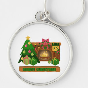 Merry Christmas near fireplace bonfire xmas tree Key Ring