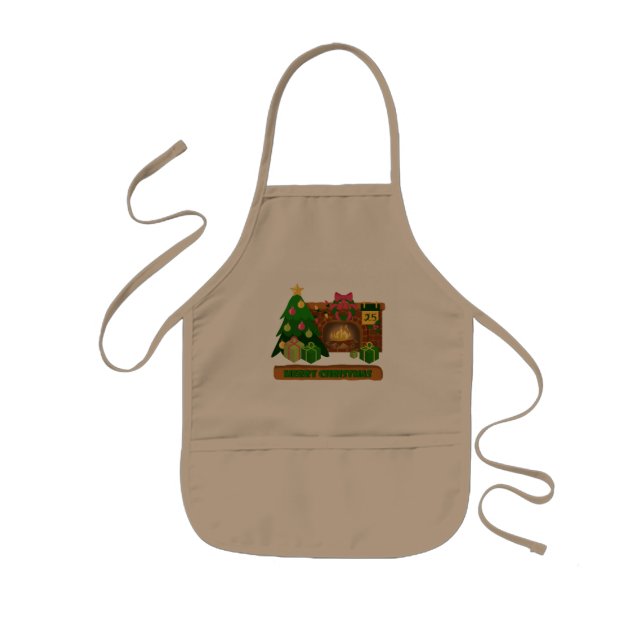 Merry Christmas near fireplace bonfire xmas tree Kids Apron (Front)