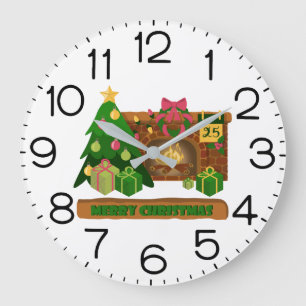 Merry Christmas near fireplace bonfire xmas tree Large Clock