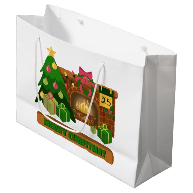 Merry Christmas near fireplace bonfire xmas tree Large Gift Bag (Front Angled)