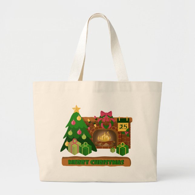 Merry Christmas near fireplace bonfire xmas tree Large Tote Bag (Front)