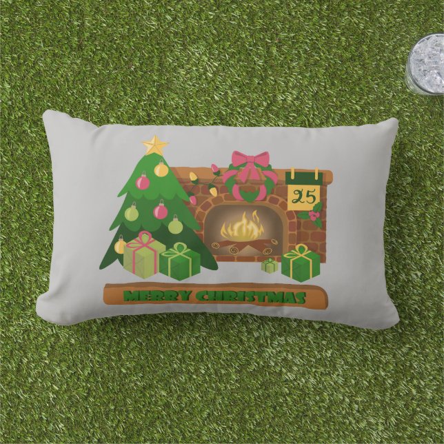 Merry Christmas near fireplace bonfire xmas tree Lumbar Cushion (Grass)