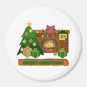 Merry Christmas near fireplace bonfire xmas tree Magnet