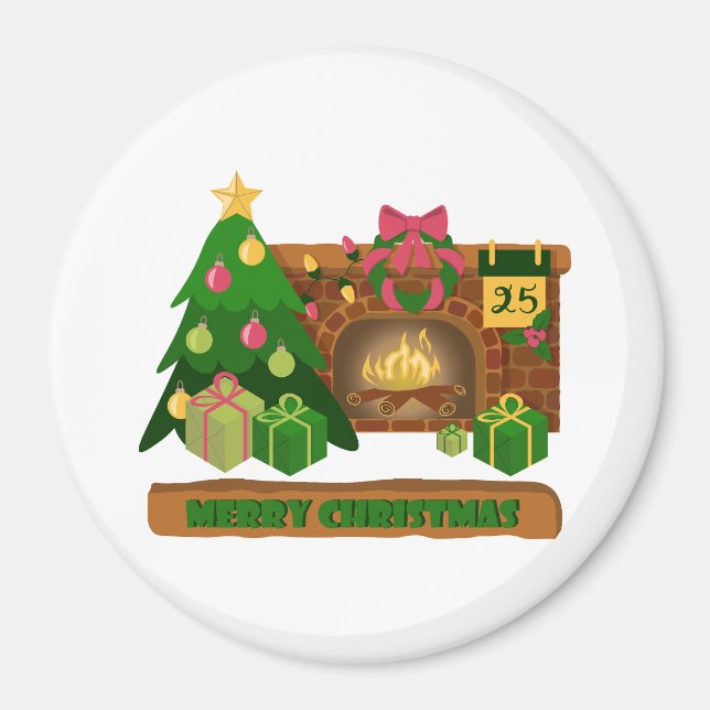 Merry Christmas near fireplace bonfire xmas tree Magnet (Front)