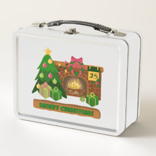 Merry Christmas near fireplace bonfire xmas tree Metal Lunch Box