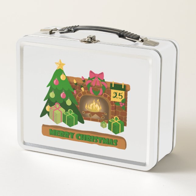 Merry Christmas near fireplace bonfire xmas tree Metal Lunch Box (Front)