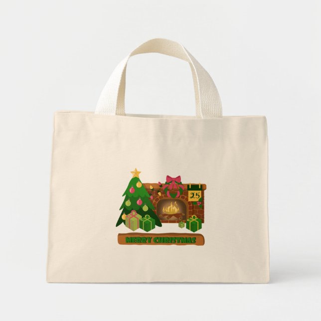 Merry Christmas near fireplace bonfire xmas tree Mini Tote Bag (Front)
