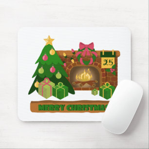 Merry Christmas near fireplace bonfire xmas tree Mouse Mat