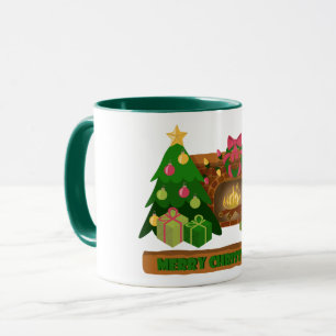 Merry Christmas near fireplace bonfire xmas tree Mug