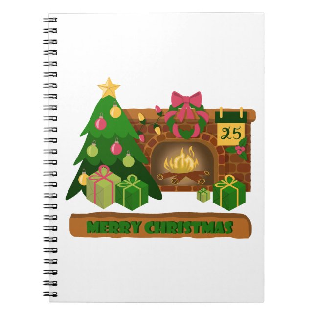 Merry Christmas near fireplace bonfire xmas tree Notebook (Front)