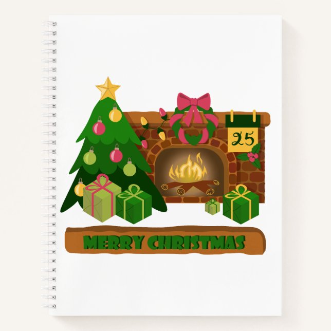 Merry Christmas near fireplace bonfire xmas tree Notebook (Front)
