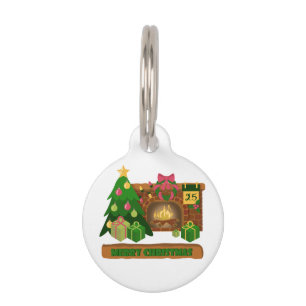 Merry Christmas near fireplace bonfire xmas tree Pet Tag
