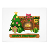 Merry Christmas near fireplace bonfire xmas tree