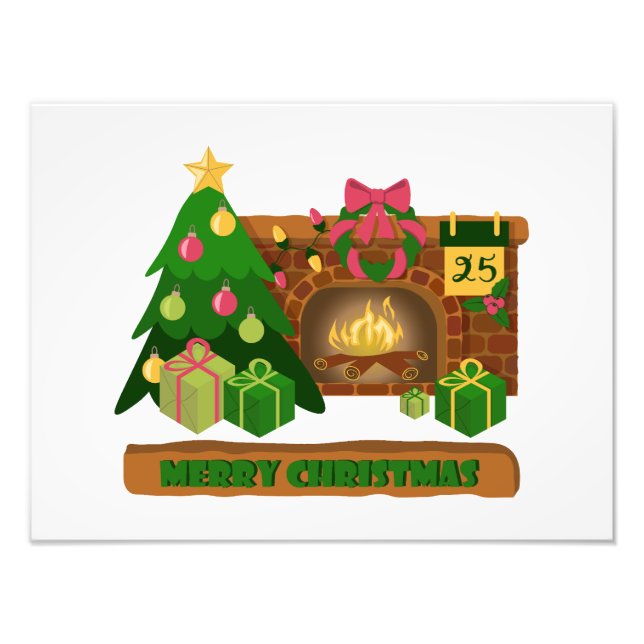 Merry Christmas near fireplace bonfire xmas tree Photo Print (Front)