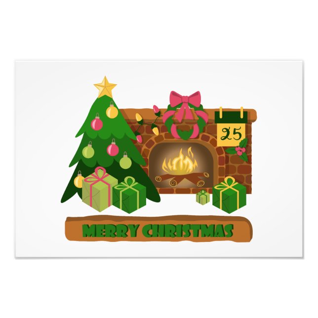 Merry Christmas near fireplace bonfire xmas tree Photo Print (Front)