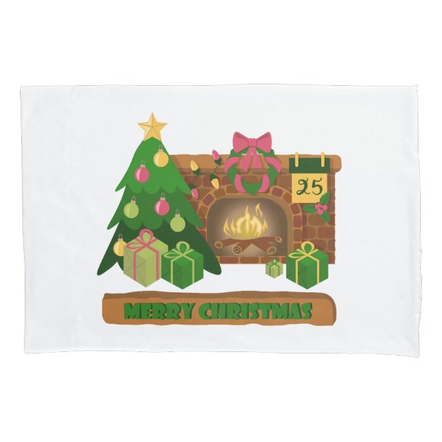 Merry Christmas near fireplace bonfire xmas tree Pillowcase (Front)
