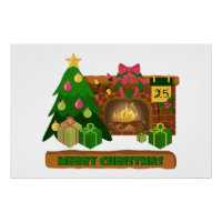 Merry Christmas near fireplace bonfire xmas tree