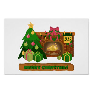 Merry Christmas near fireplace bonfire xmas tree Poster