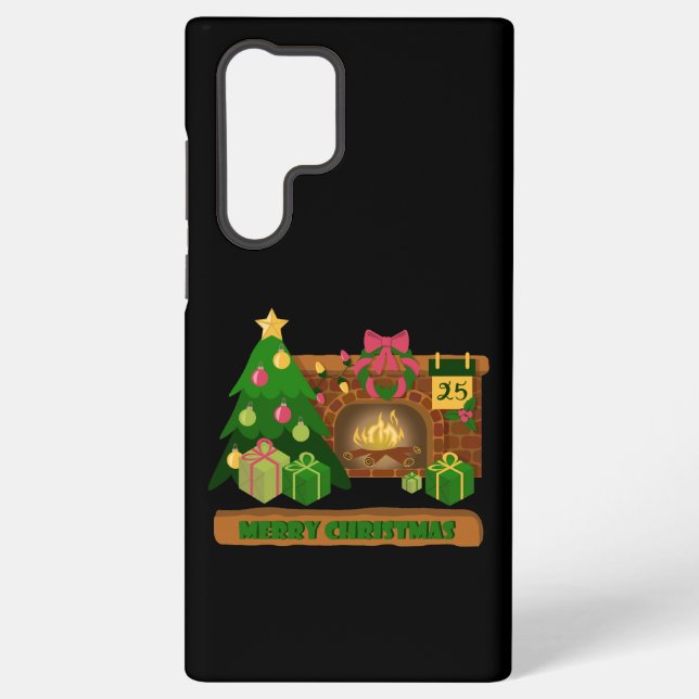 Merry Christmas near fireplace bonfire xmas tree Samsung Galaxy S22 Ultra Case (Back)