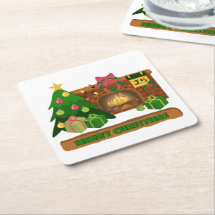 Merry Christmas near fireplace bonfire xmas tree Square Paper Coaster
