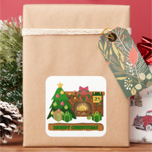 Merry Christmas near fireplace bonfire xmas tree Square Sticker