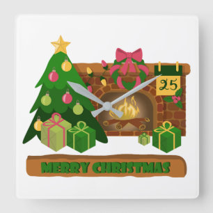Merry Christmas near fireplace bonfire xmas tree Square Wall Clock