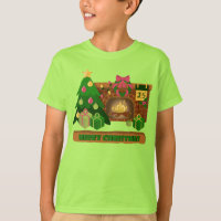 Merry Christmas near fireplace bonfire xmas tree