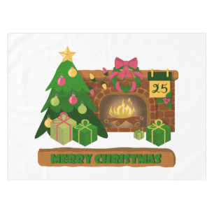 Merry Christmas near fireplace bonfire xmas tree Tablecloth