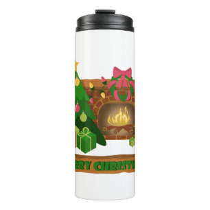 Merry Christmas near fireplace bonfire xmas tree Thermal Tumbler