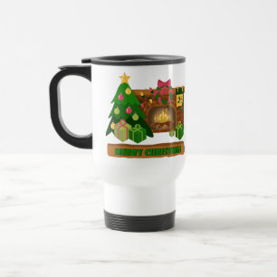 Merry Christmas near fireplace bonfire xmas tree Travel Mug